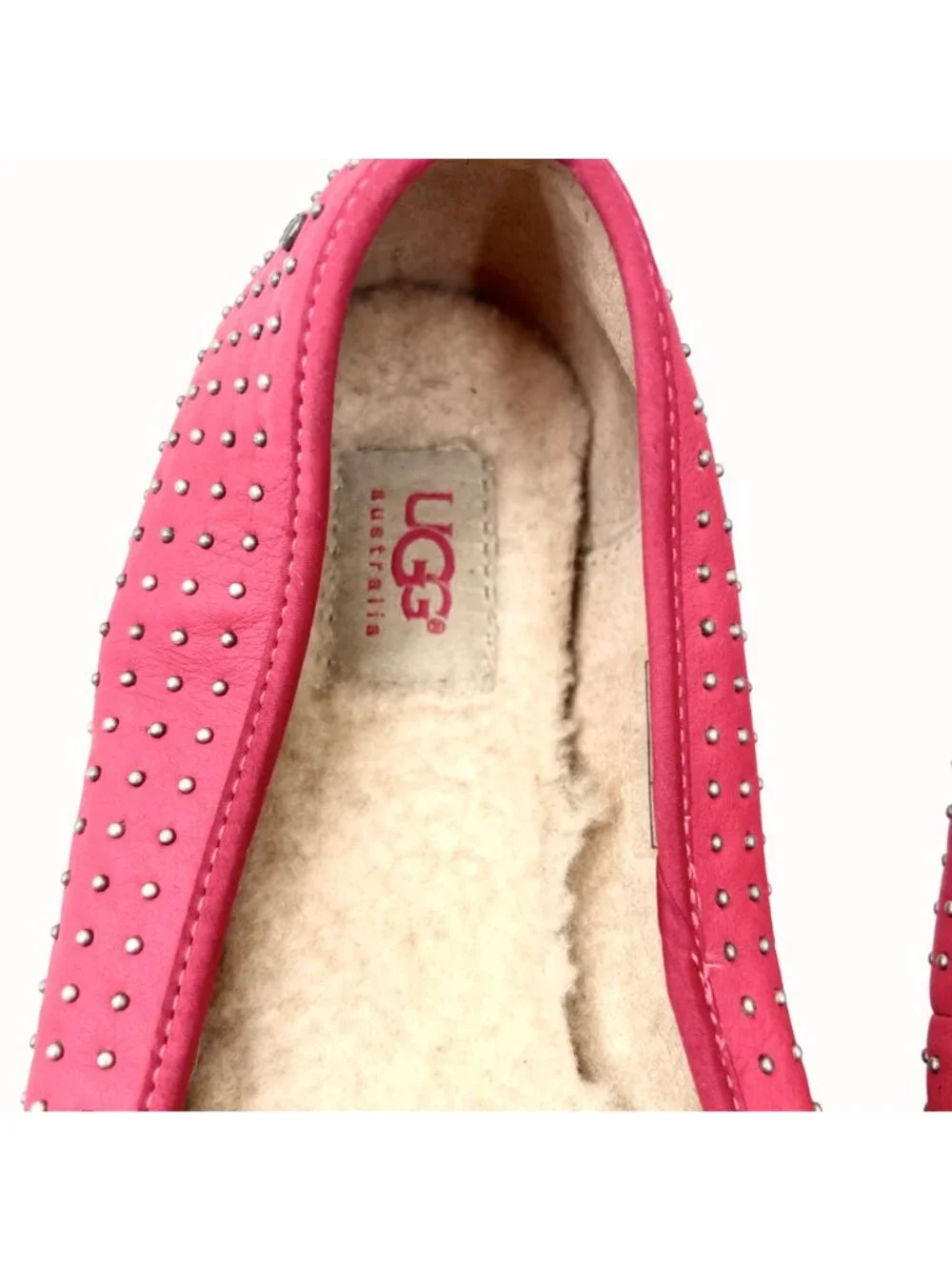 UGG ALLOWAY PINK LEATHER SILVER STUDDED SHEARLING FLATS - 10